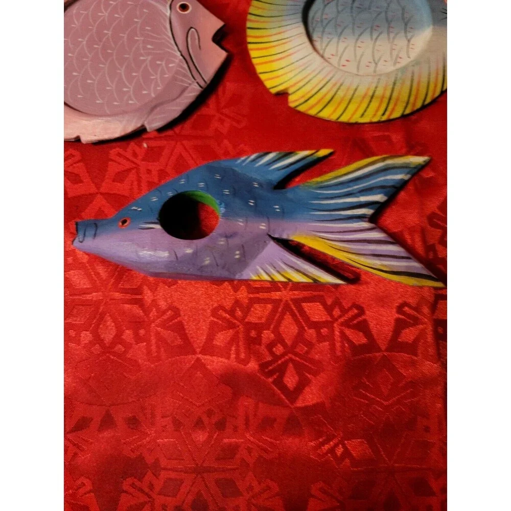 Hand Painted Wooden Fish Napkin Rings Home Decor Set of 6 with 4 Coasters